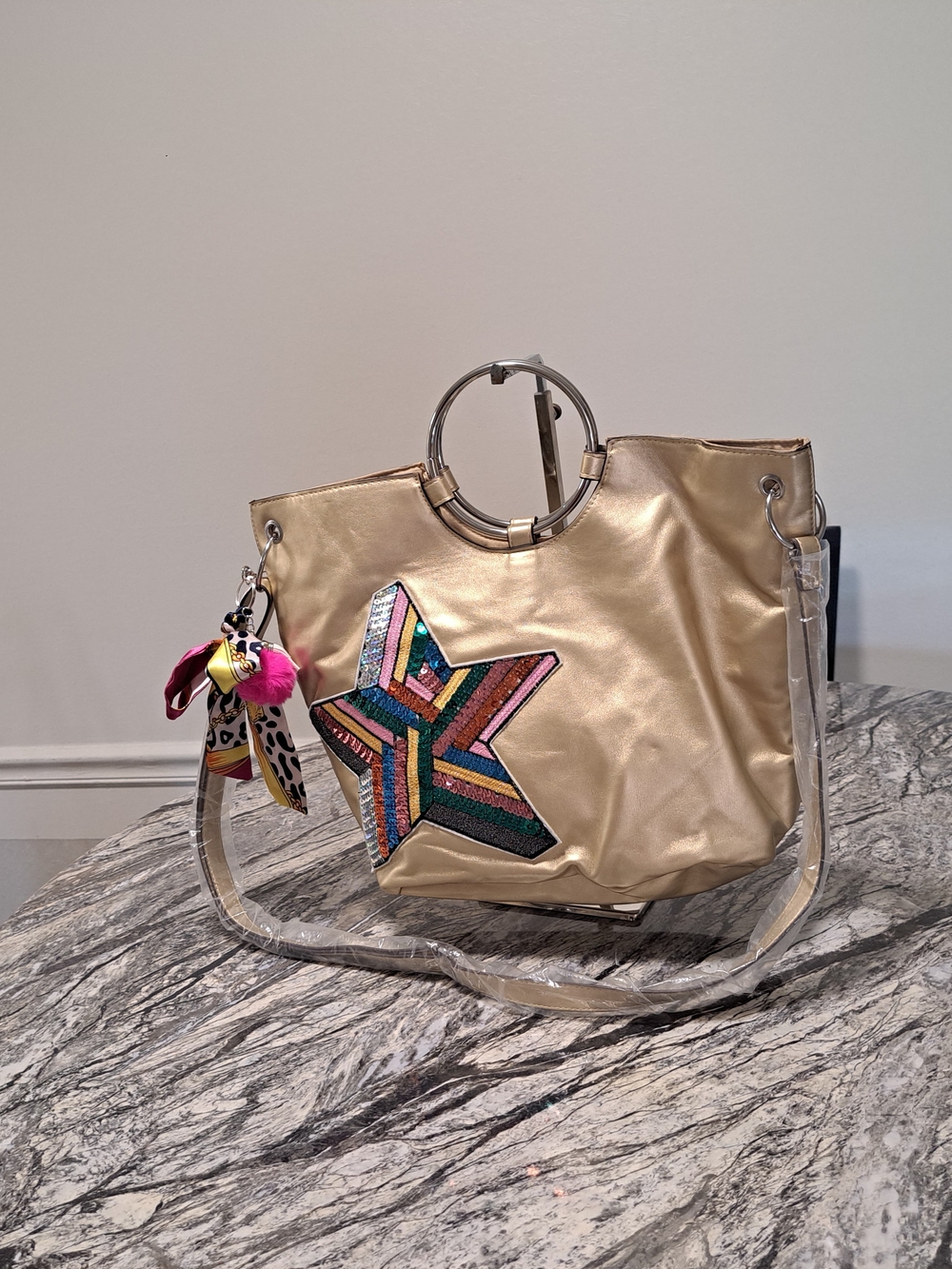 Metallic Star Accent Tote Bag With Bah Charm handles & Cross Body Strap NWOT